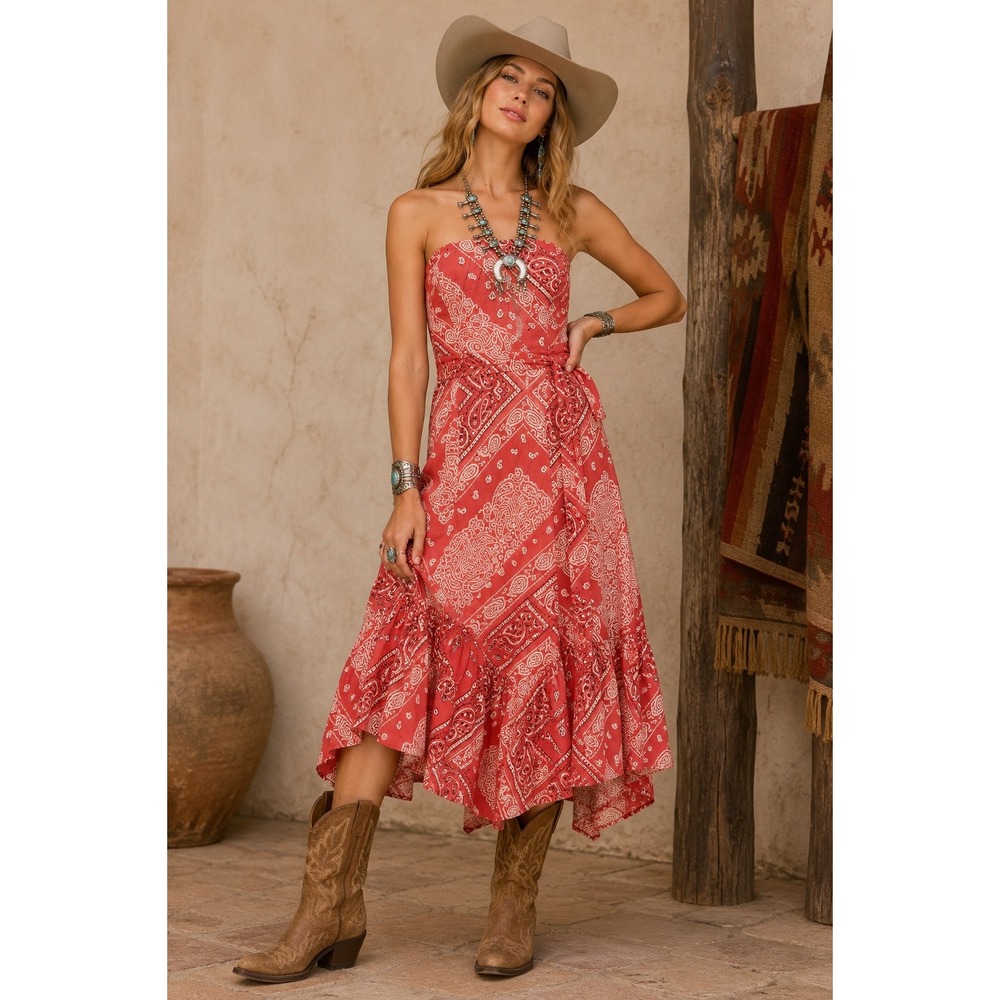 Anthropologie Holding Horses Women's Red Paisley Bandana Strapless Midi‎ Dress 4